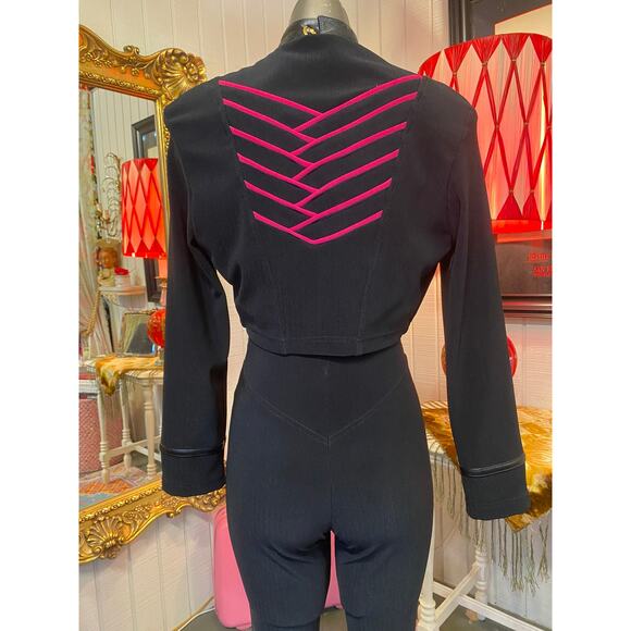 vintage 1980s black stretch jumpsuit and cropped jacket magenta chevron club xs - Picture 10 of 11